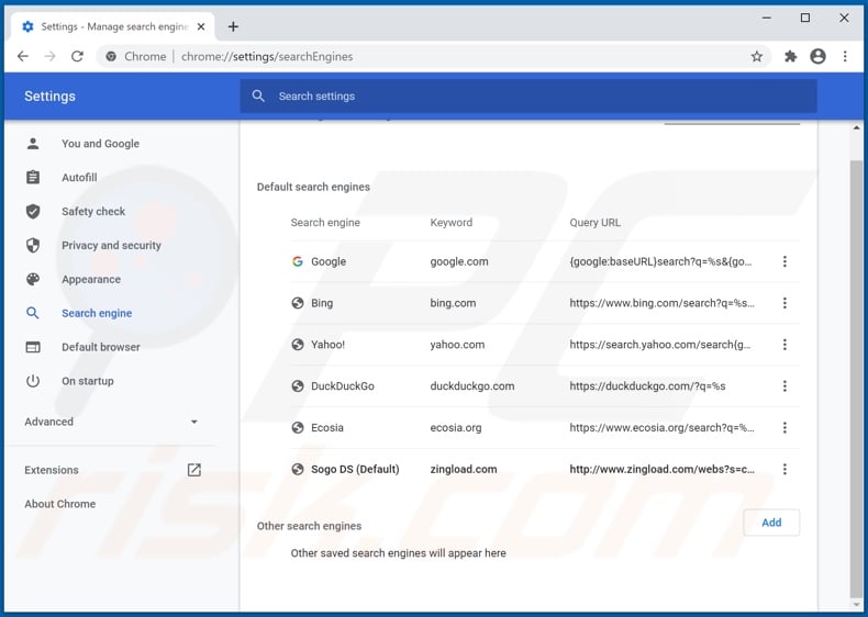 Removing zingload.com from Google Chrome default search engine