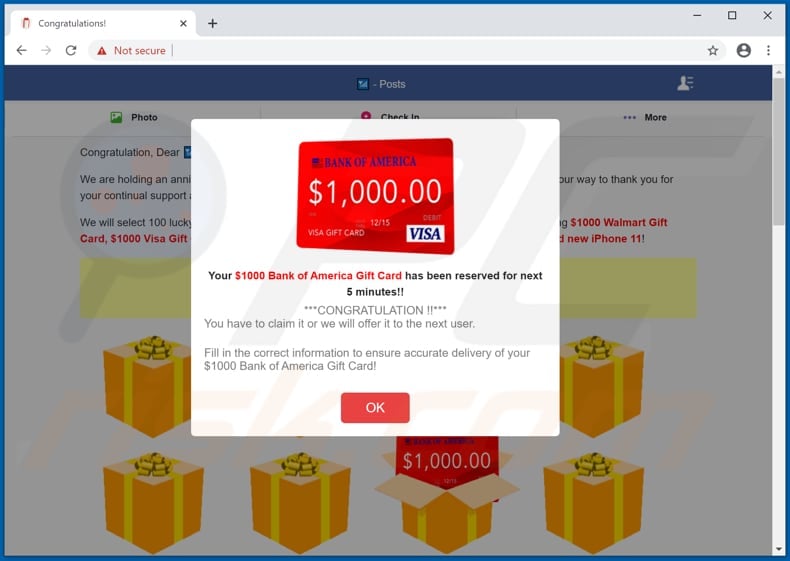 1000 dollars bank of america gift card pop-up scam second variant