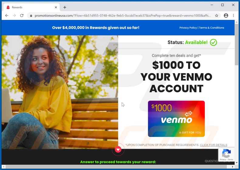 Website promoted by the $1000 Venmo Gift Card scam