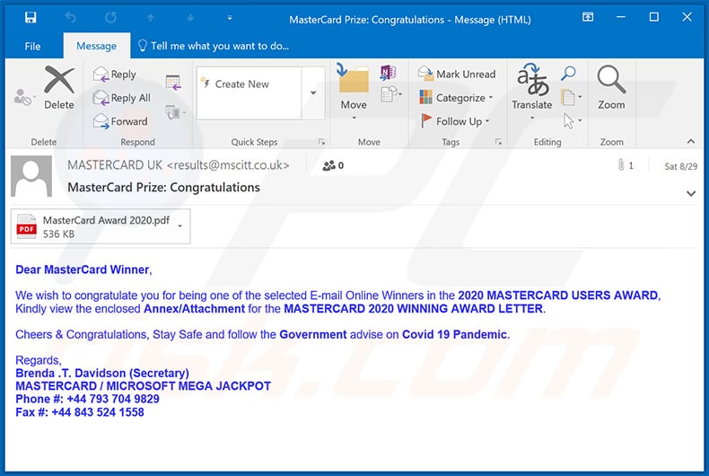 2020 MASTERCARD USERS AWARD scam email (2020-09-02)