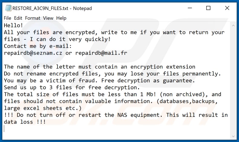 A3C9N decrypt instructions (RESTORE_A3C9N_FILES.txt)