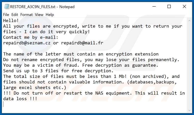 A3C9N decrypt instructions (RESTORE_A3C9N_FILES.txt)