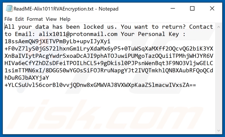 Alix1011RVA ransomware text file (ReadME-Alix1011RVAEncryption.txt)