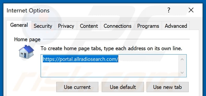 Removing allradiosearch.com from Internet Explorer homepage