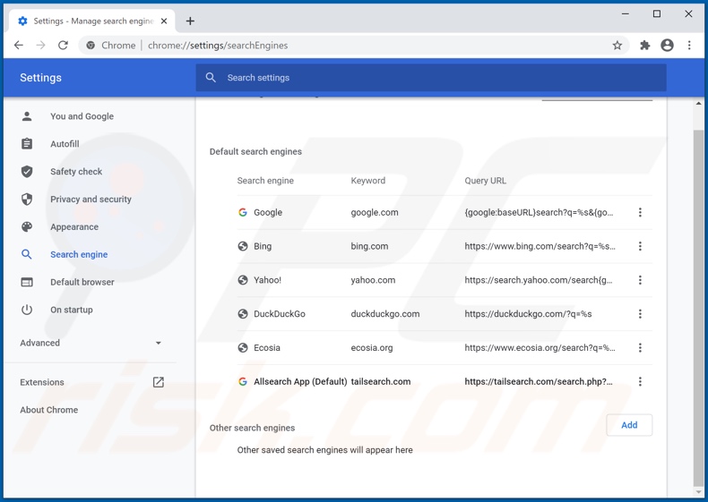 Removing tailsearch.com from Google Chrome default search engine