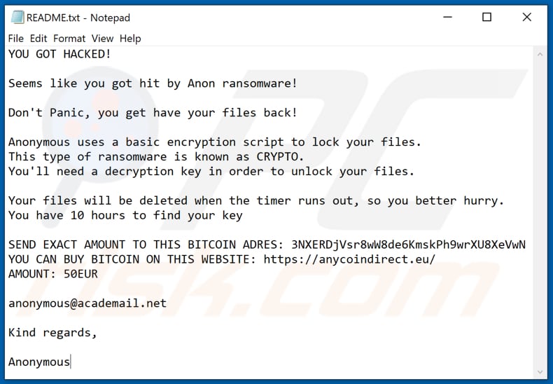 Anon ransomware text file (README.txt)