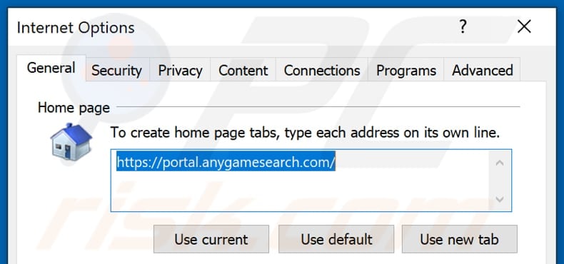 Removing anygamesearch.com from Internet Explorer homepage