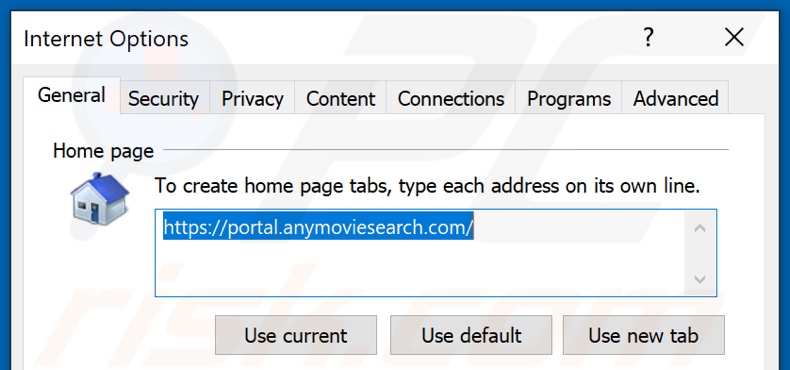 Removing anymoviesearch.com from Internet Explorer homepage