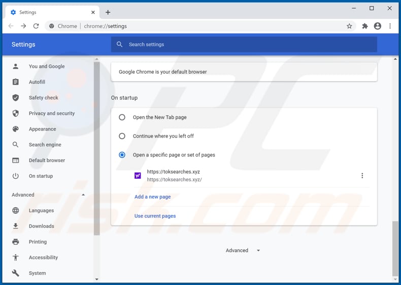 Removing toksearches.xyz from Google Chrome homepage