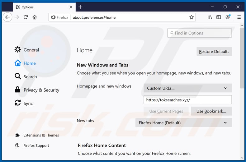 Removing toksearches.xyz from Mozilla Firefox homepage