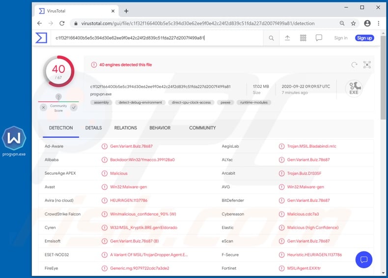 BLADABINDI malware detections on VirusTotal