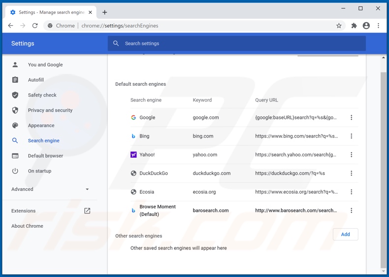 Removing barosearch.com from Google Chrome default search engine