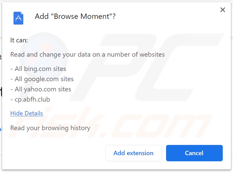 Browse Moment browser hijacker asking for permissions