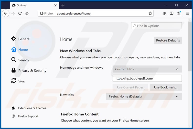 Removing hp.bubblepdf.com from Mozilla Firefox homepage