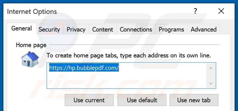 Removing hp.bubblepdf.com from Internet Explorer homepage