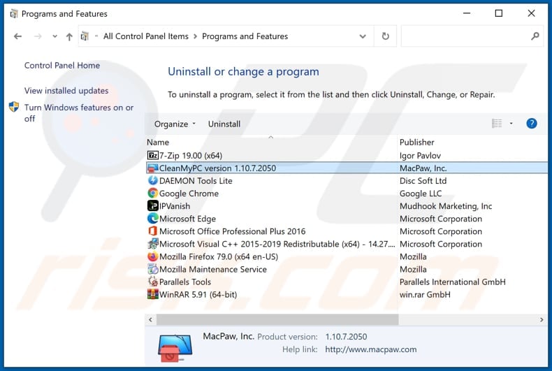 CleanMyPC adware uninstall via Control Panel