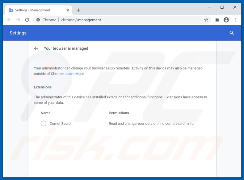 Comet Search browser hijacker added the Managed by your organization feature to Chrome