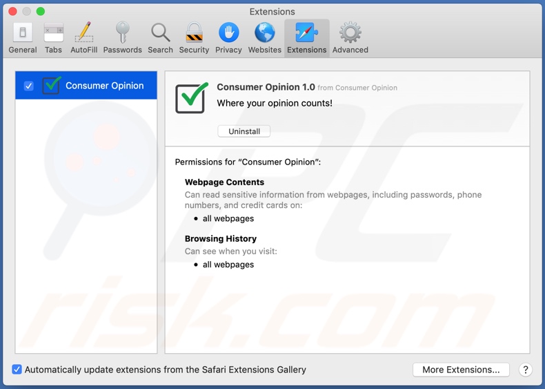 Consumer Opinion adware installed onto Safari
