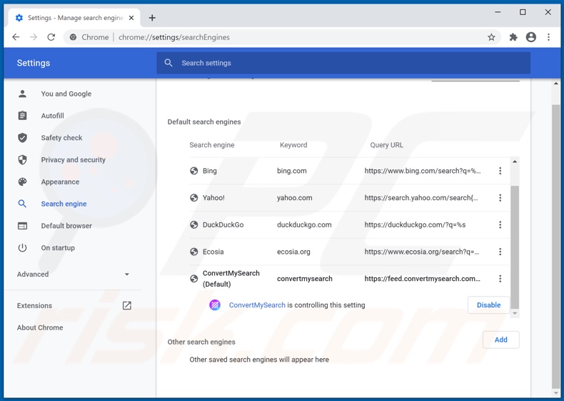 Removing convertmysearch.com from Google Chrome default search engine