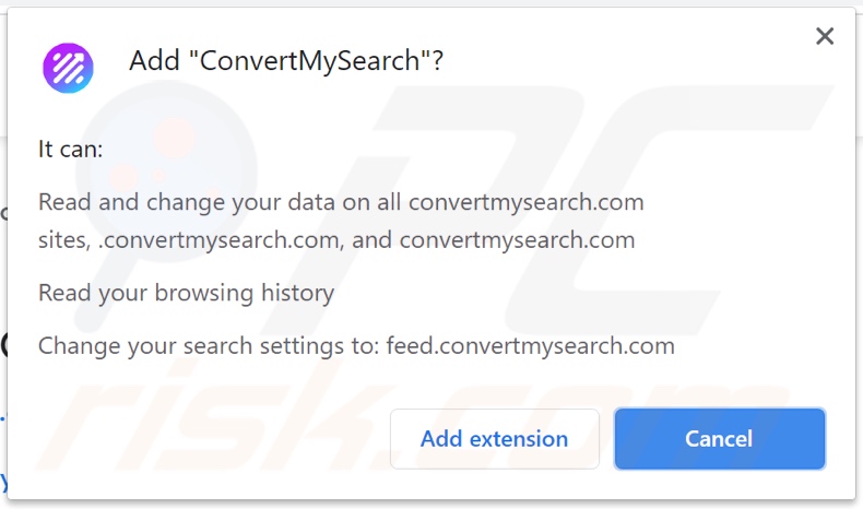 ConvertMySearch browser hijacker asking for permissions