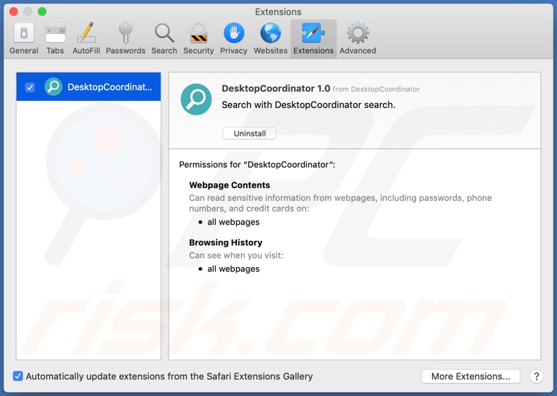 DesktopCoordinator adware installed onto Safari