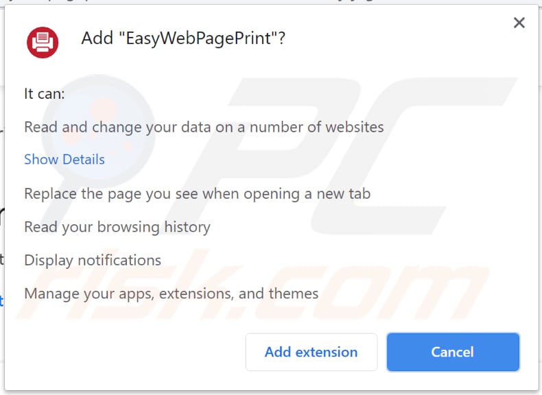 easywebpageprint toolbar notification chrome