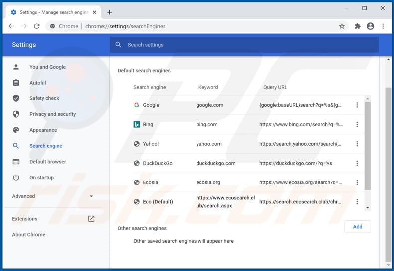 Removing ecosearch.club from Google Chrome default search engine