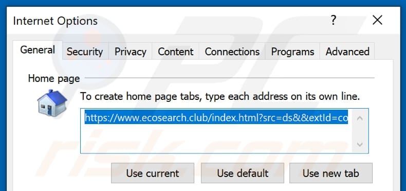 Removing ecosearch.club from Internet Explorer homepage