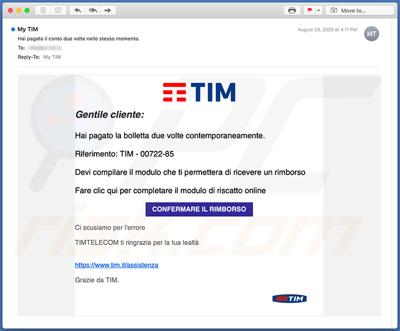 Italian spam email used to for phishing purposes