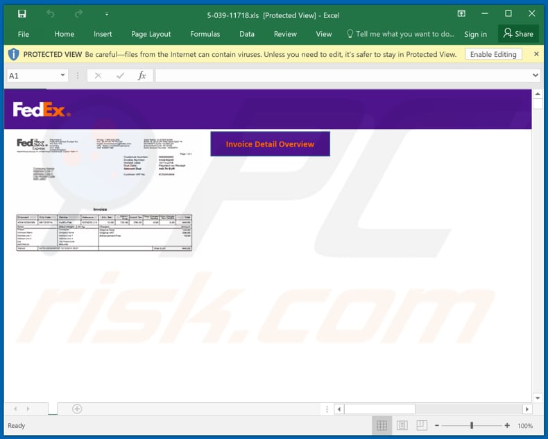 Malicious attachment distributed through FedEx Invoice Ready Email Virus spam campaign