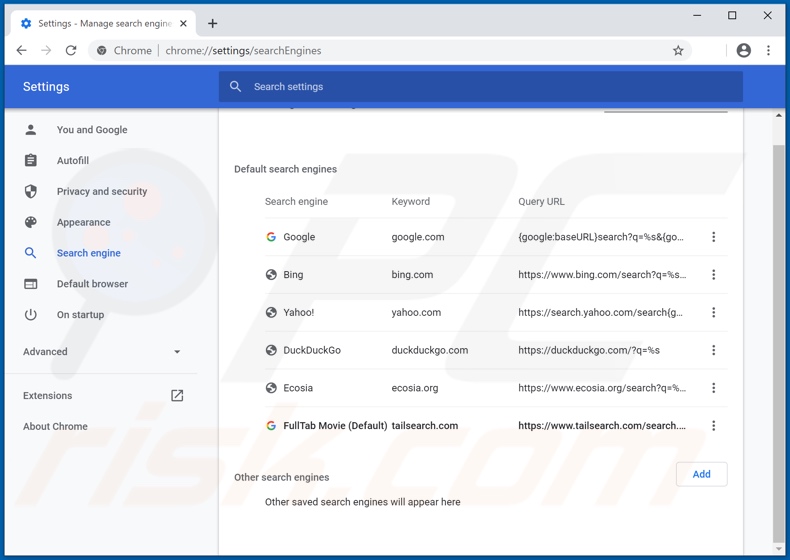 Removing tailsearch.com from Google Chrome default search engine