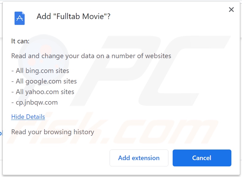 FullTab Movie browser hijacker asking for permissions