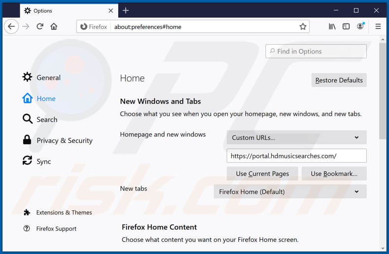 Removing hdmusicsearches.com from Mozilla Firefox homepage