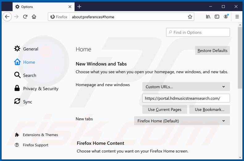 Removing hdmusicstreamsearch.com from Mozilla Firefox homepage