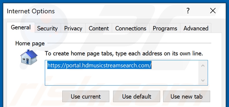 Removing hdmusicstreamsearch.com from Internet Explorer homepage