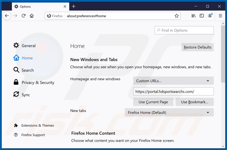 Removing hdsportsearchs.com from Mozilla Firefox homepage
