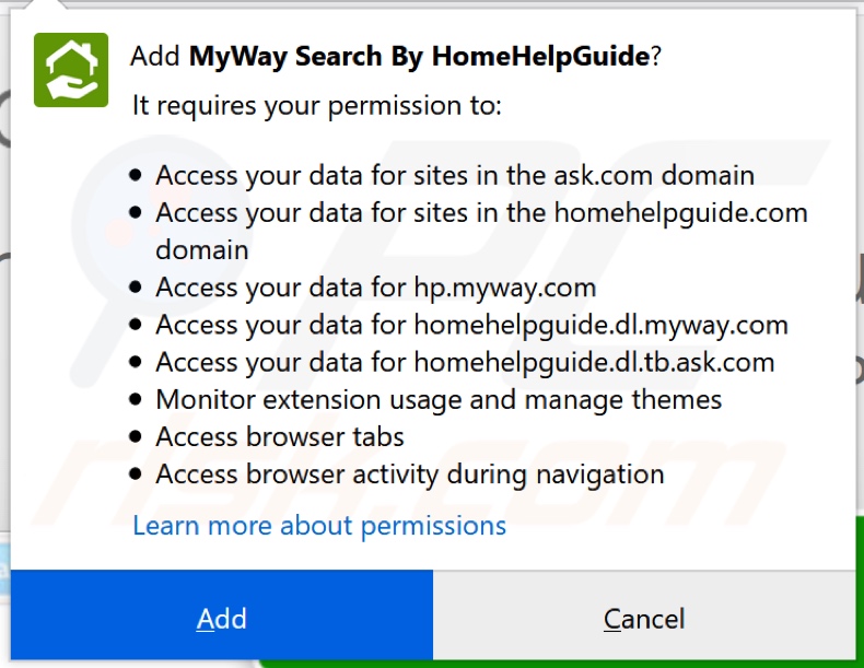 HomeHelpGuide browser hijacker asking for permissions on Firefox