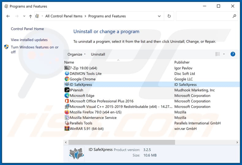 ID SafeXpress adware uninstall via Control Panel