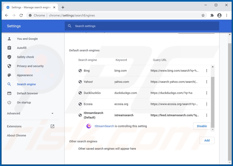 Removing istreamsearch.com from Google Chrome default search engine