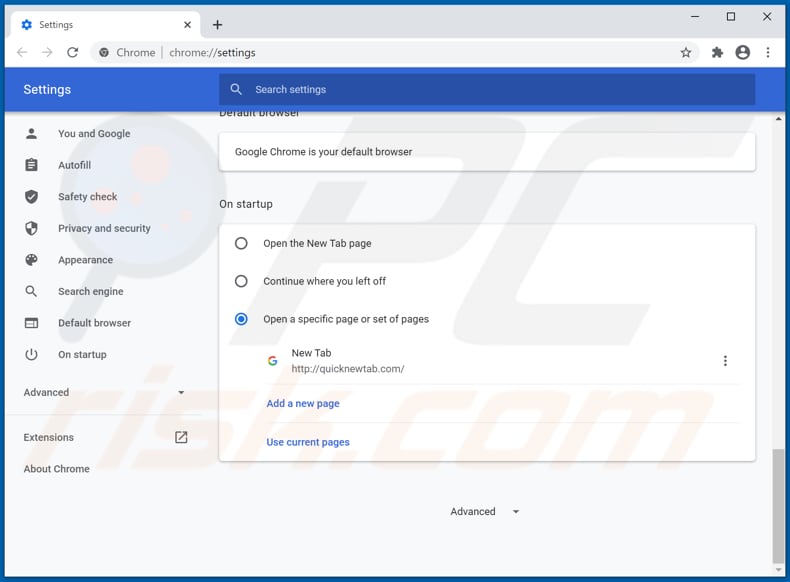 Removing quicknewtab.com from Google Chrome homepage