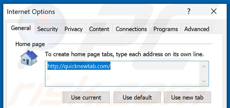 Removing quicknewtab.com from Internet Explorer homepage