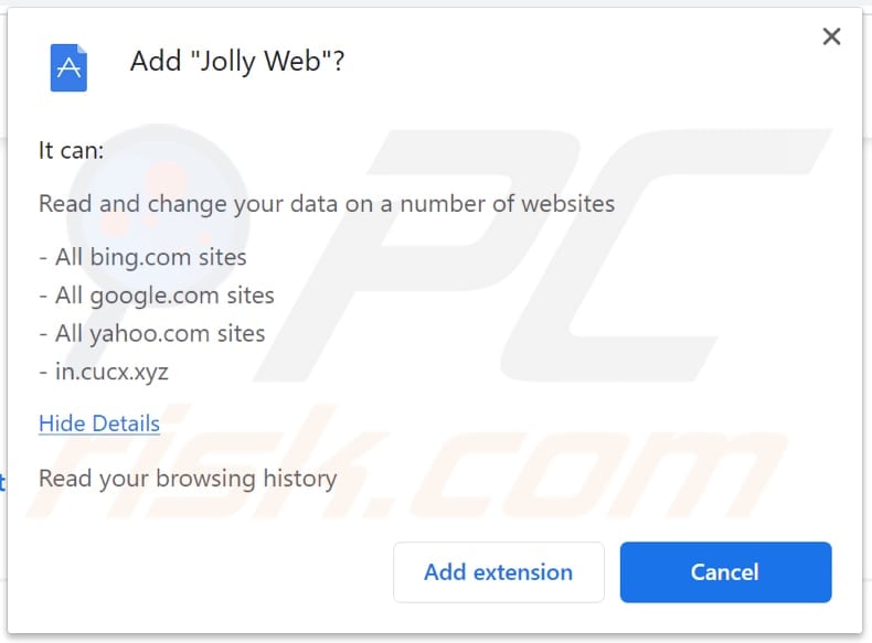 jolly web browser hijacker notification