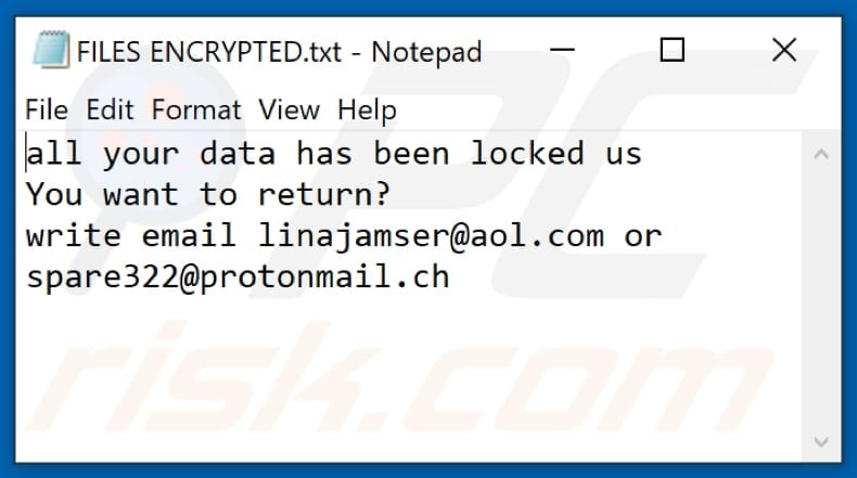 Lina ransomware text file (FILES ENCRYPTED.txt)