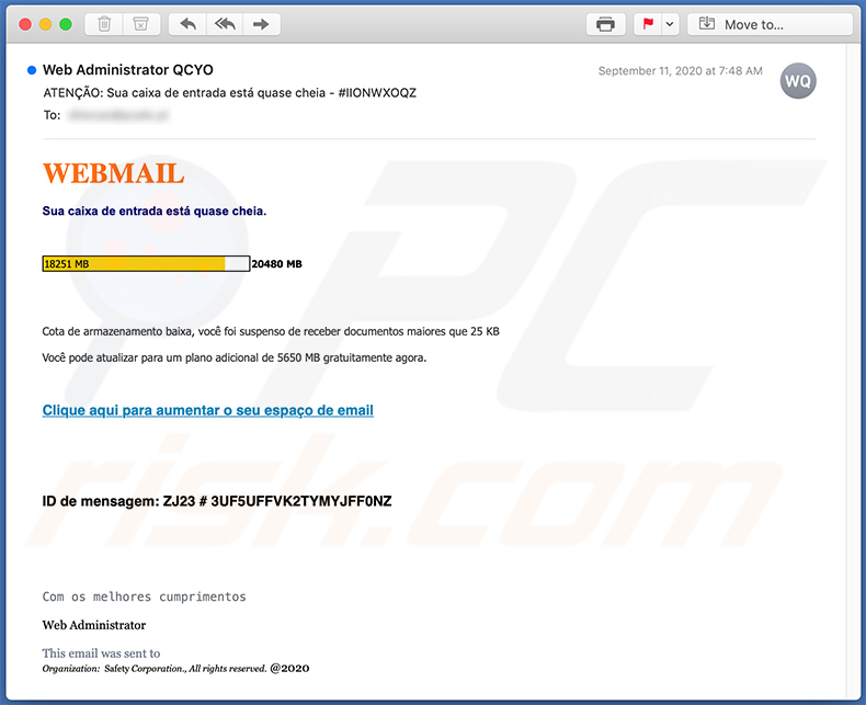 Portuguese mail quota-themed spam email