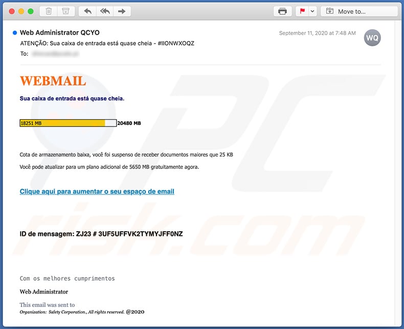 Portuguese mail quota-themed spam email