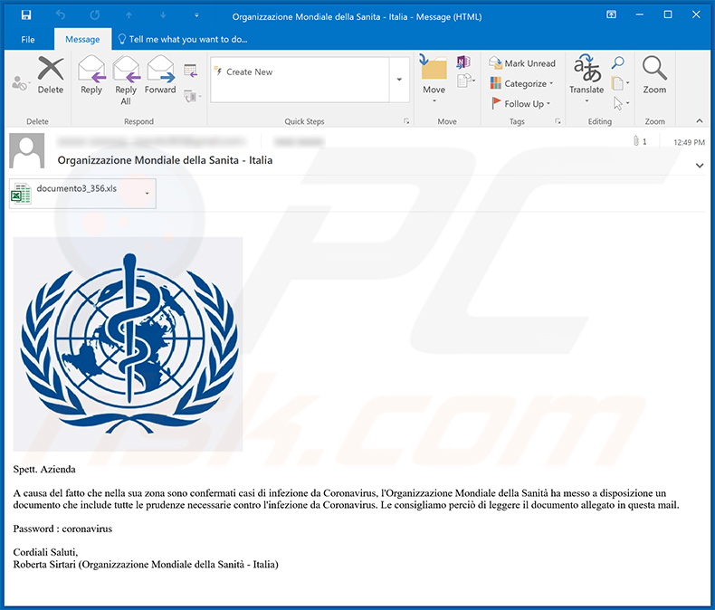 Mondiale della Sanita - Italia Email Virus malware-spreading email spam campaign