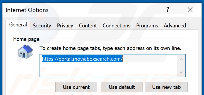 Removing movieboxsearch.com from Internet Explorer homepage