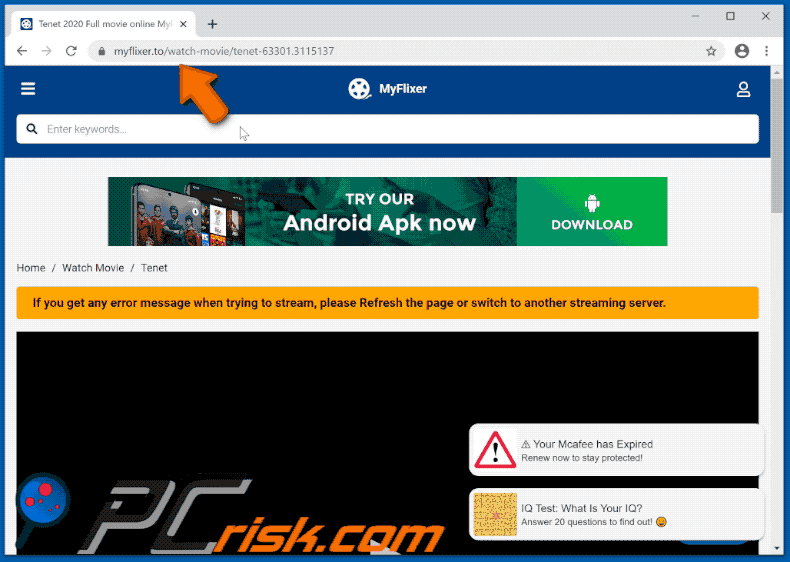 myflixer.to promotes your mcafee has expired scam