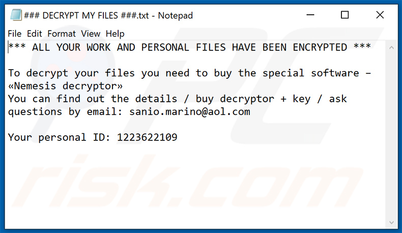 Nemesis ransomware text file (### DECRYPT MY FILES ###.txt - 2020-09-24)