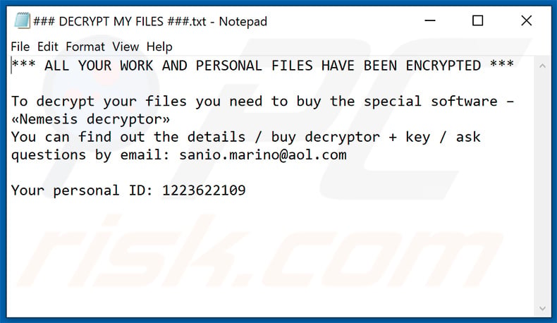 Nemesis ransomware text file (### DECRYPT MY FILES ###.txt - 2020-09-24)